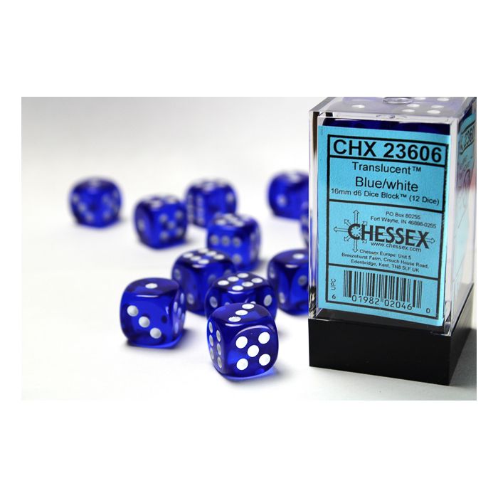 Set 12 d6 Dadi Chessex TRANSLUCENT BLUE white 23606 TRASPARENTI BLU bianco Dice 